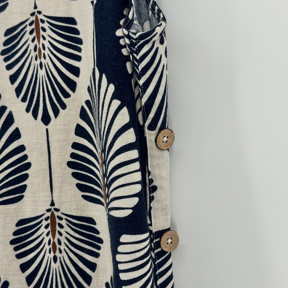 Charlie B Navy Cream Palm Fan Print Linen Blend Shift Dress Side Buttons‎ Medium - Picture 7 of 9